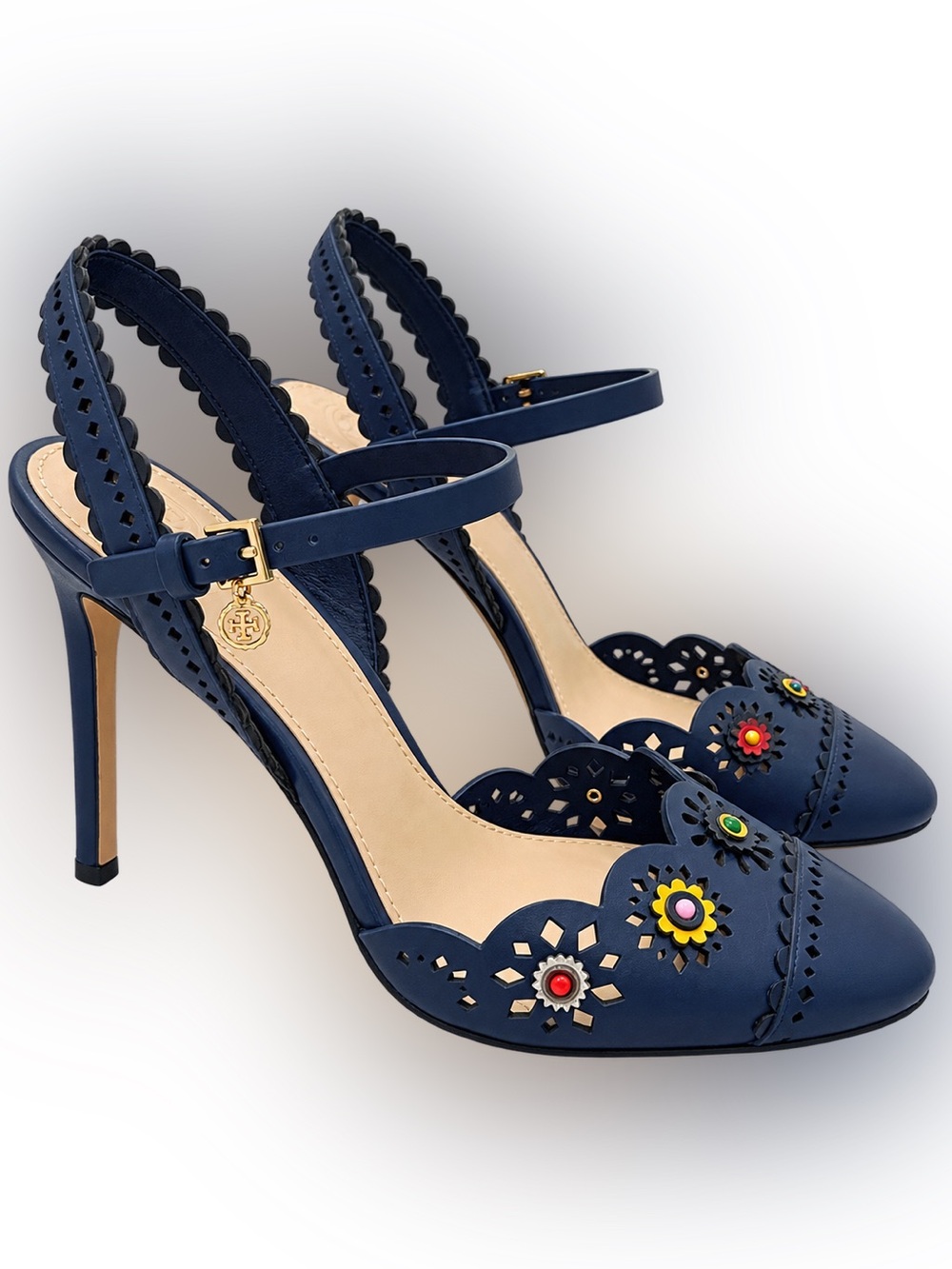 Tory Burch Marguerite Navy Floral Laser Cut Slingback Heels 7.5M